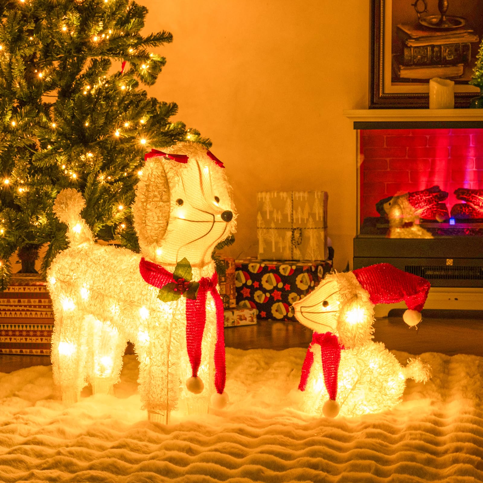 Tangkula 2-Piece Christmas Lighted Dogs, 3D Xmas Light-up Cute Poodle with 60 LED Lights, Red Scarves